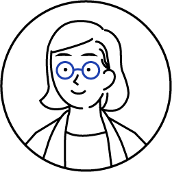 Cartoon portrait of a smiling woman with short hair and round blue-rimmed glasses, inside a circular frame.