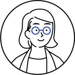 Cartoon avatar of a woman with short hair and blue glasses, smiling inside a circular frame.
